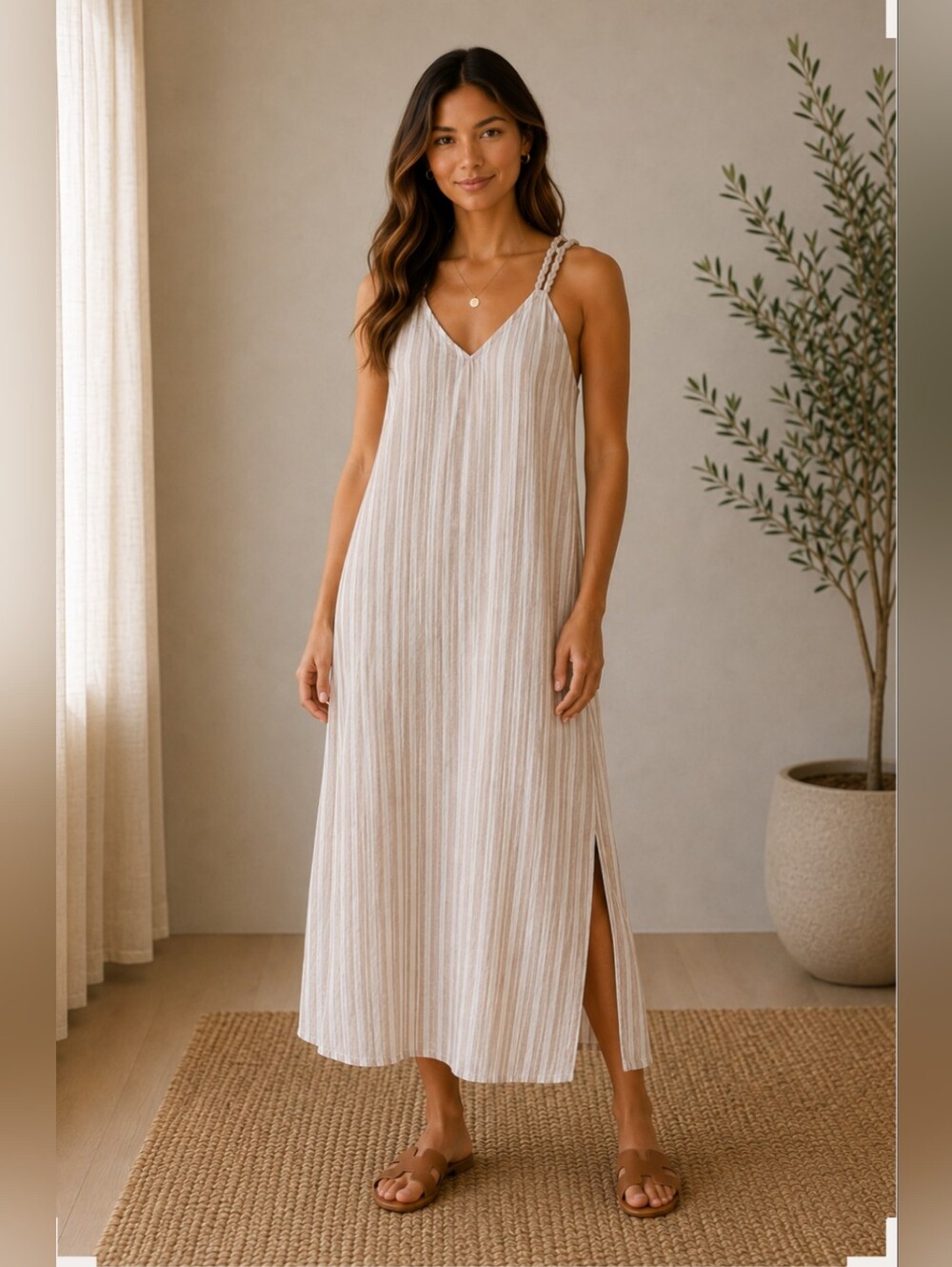 Linen Blend Light Pink Striped Midi Dress with Braided Straps